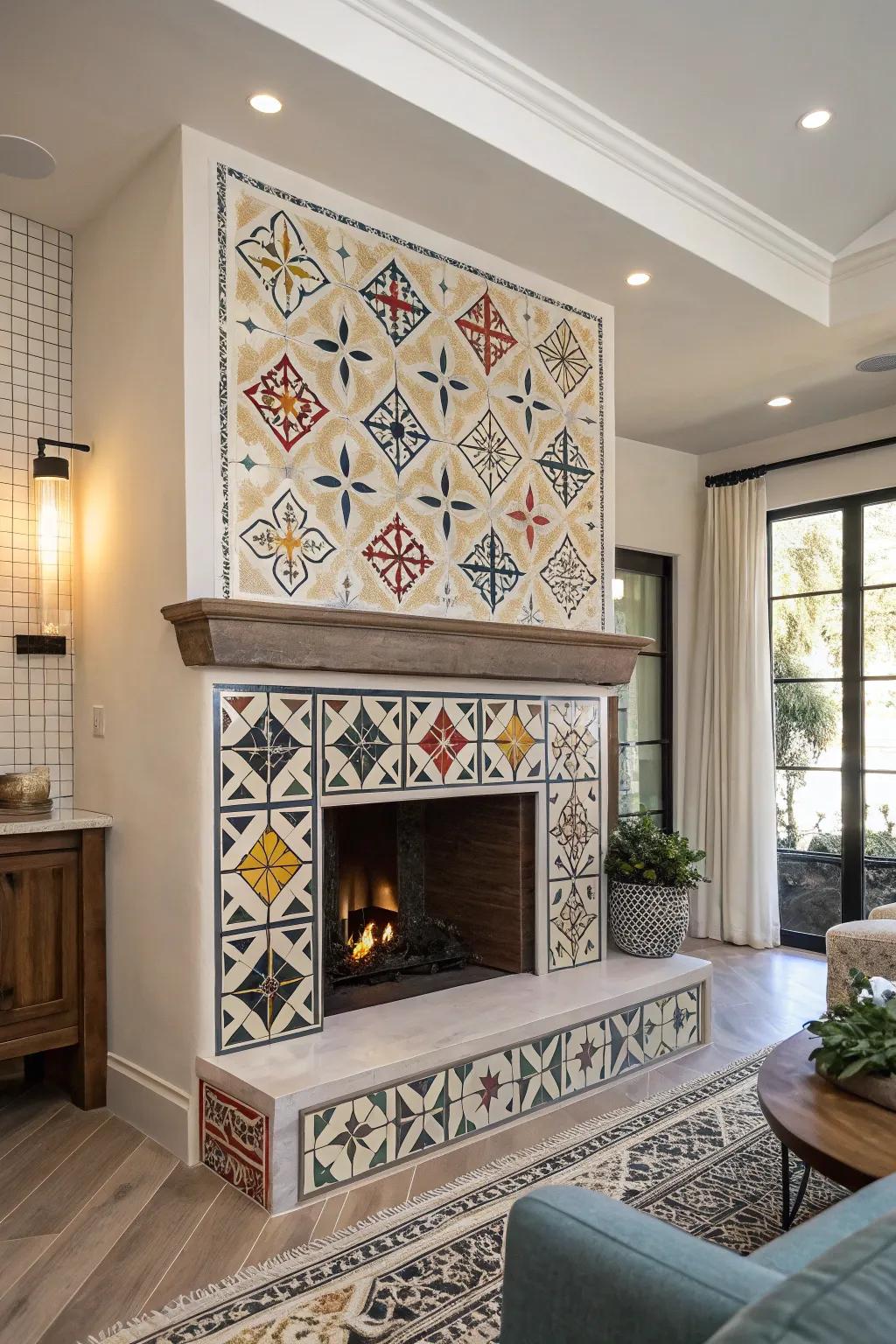 Geometric tiles add a modern twist to this fireplace.