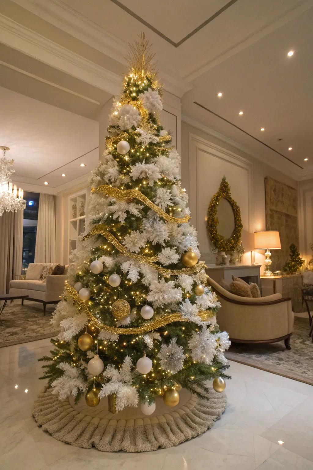 A sophisticated home setting with an elegant white and gold tinsel Christmas tree.