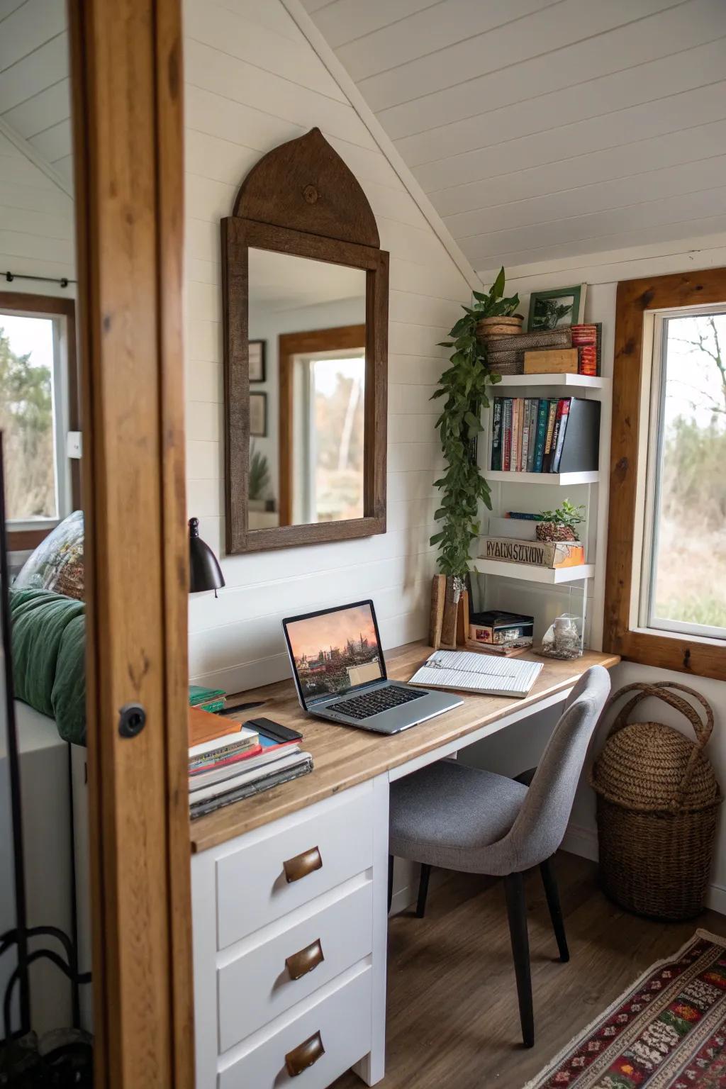 Mirrors can visually expand and brighten a confined space.