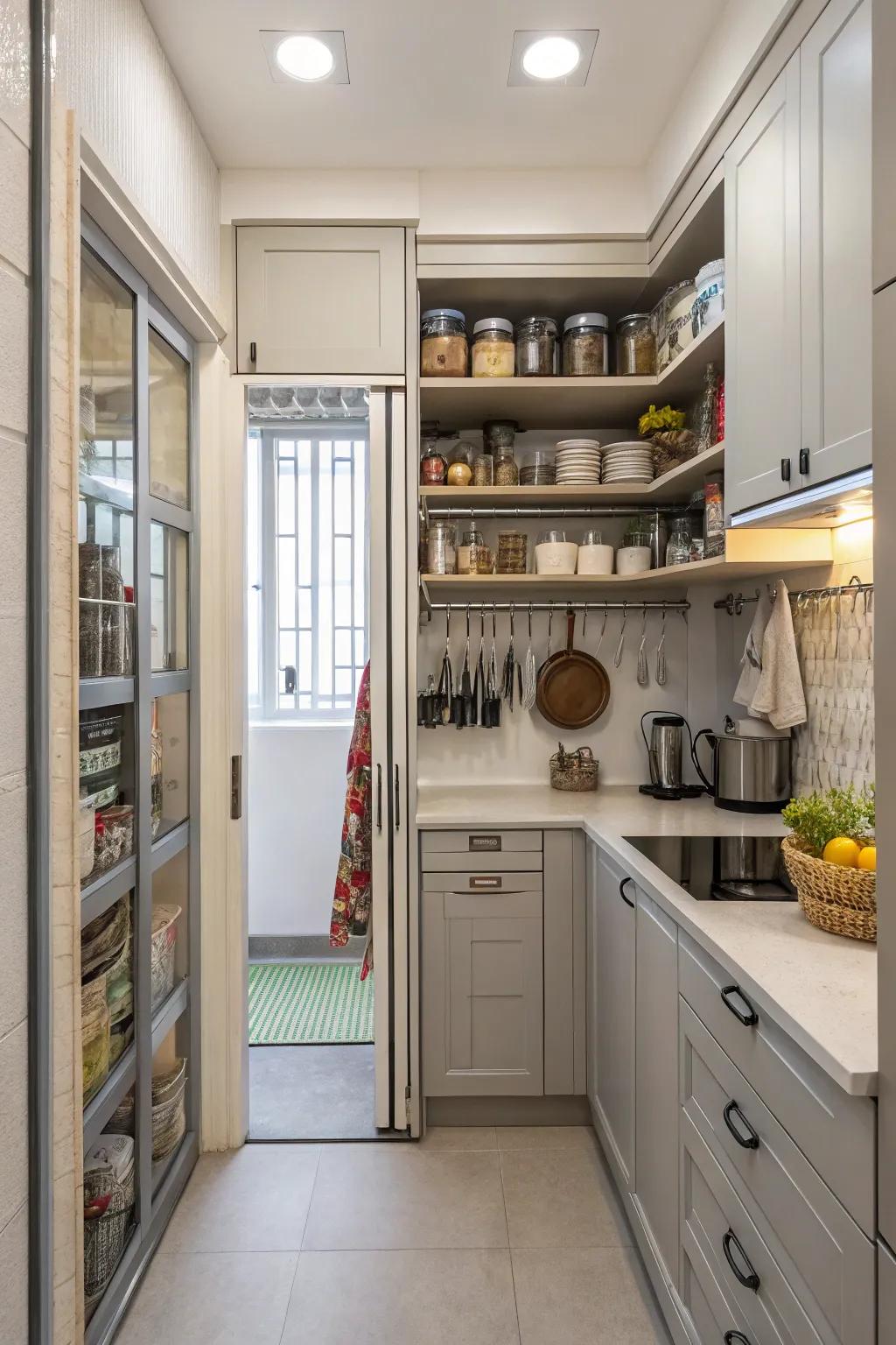 Vertical storage maximizes space and adds height to a tiny kitchen.