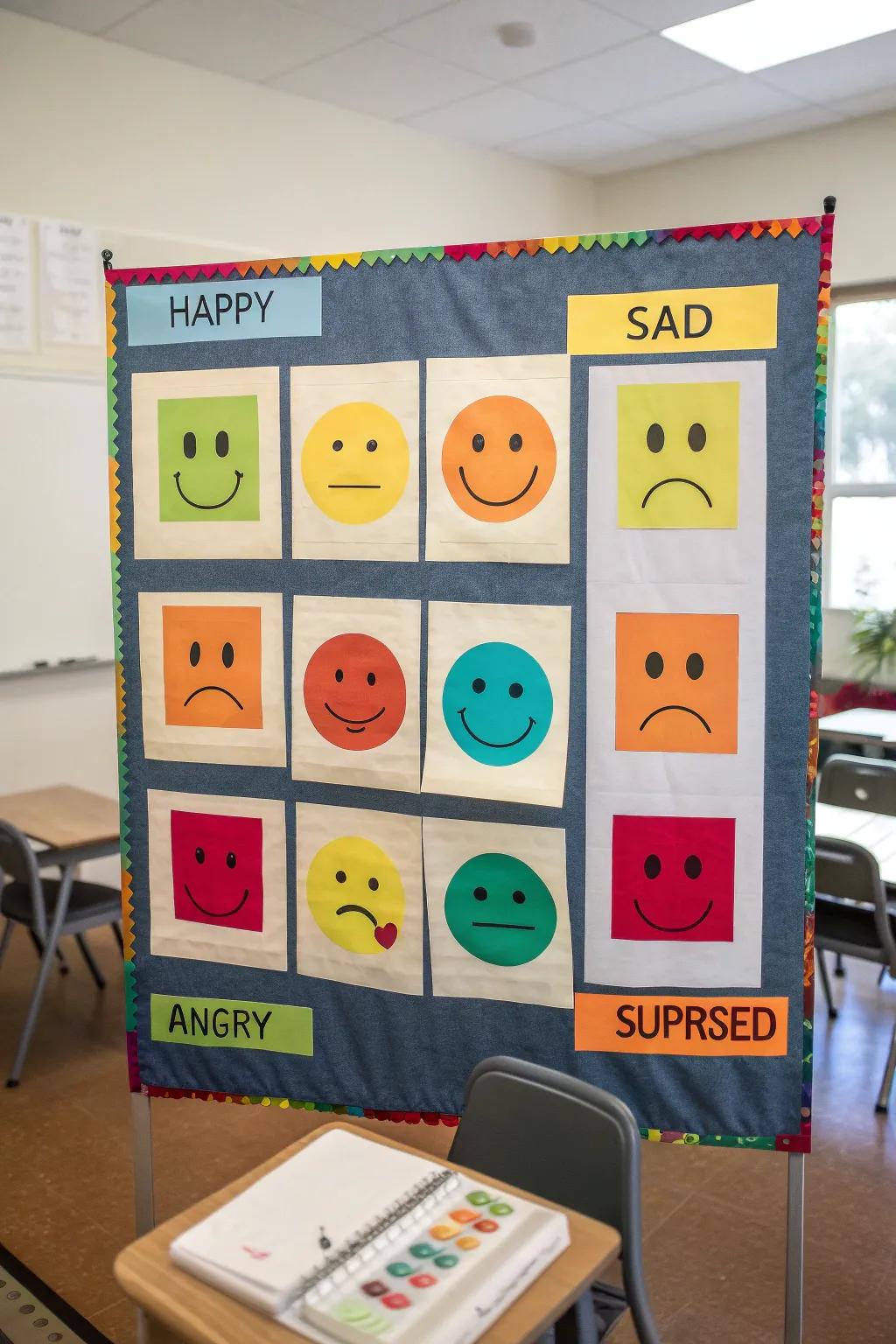 An emotions board with colorful faces and emotion words.