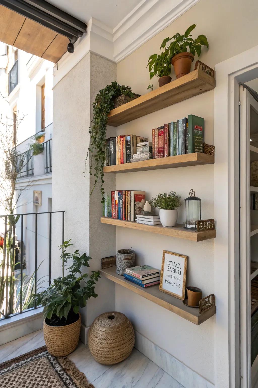 Floating shelves with books and decor