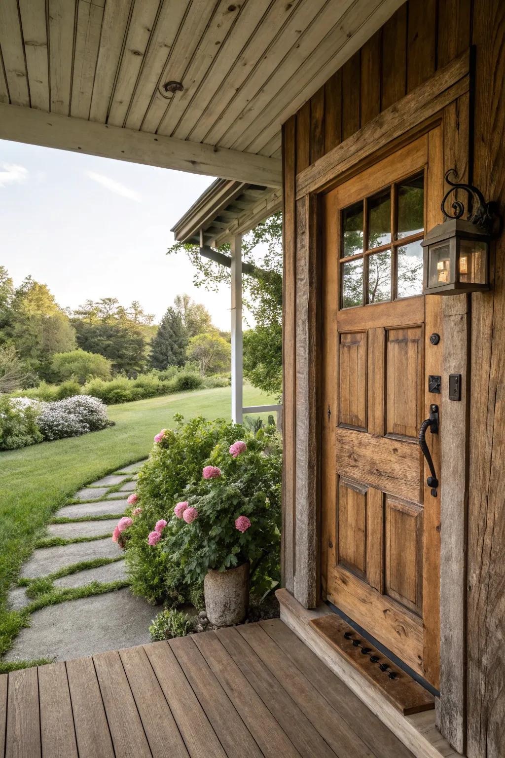 Farmhouse charm with rustic wooden doors brings warmth and coziness.