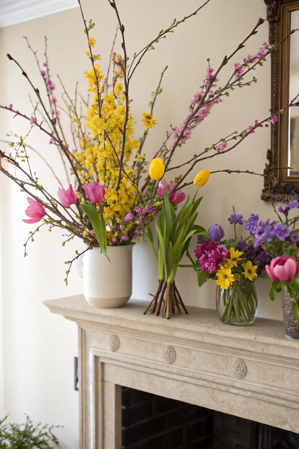 Seasonal branch arrangement with spring flowers.