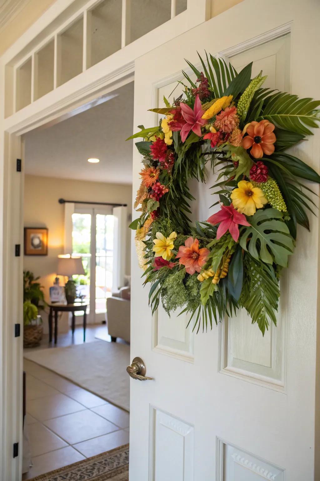 A tropical wreath adds a welcoming splash of color to your door.