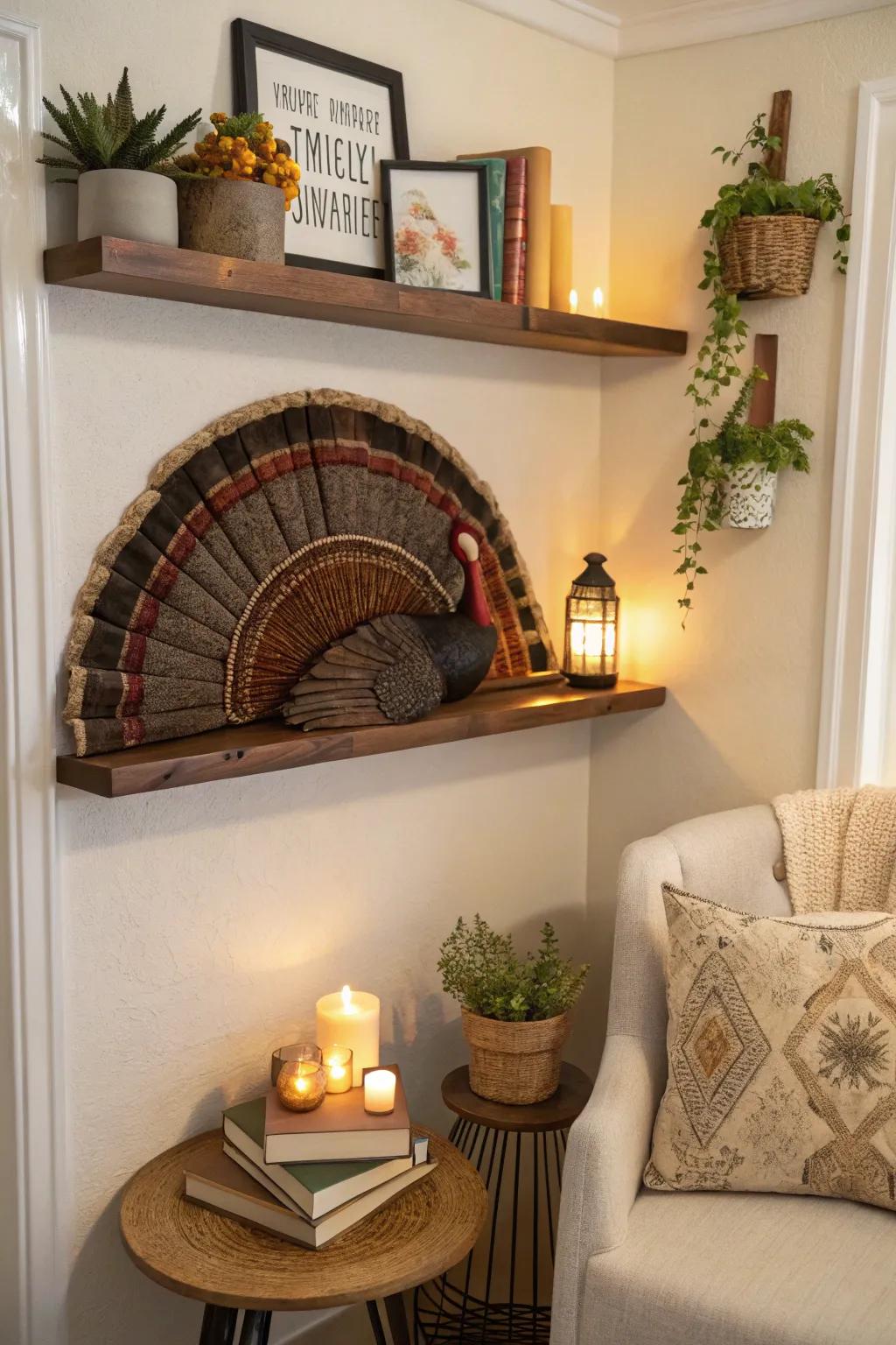 A wall-mounted shelf creates a dynamic display for a turkey fan.