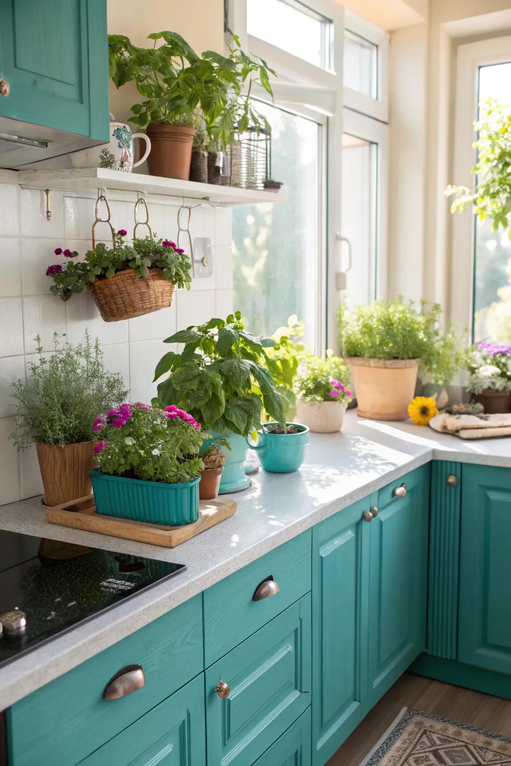 Lush greenery adding life to a turquoise-themed kitchen.