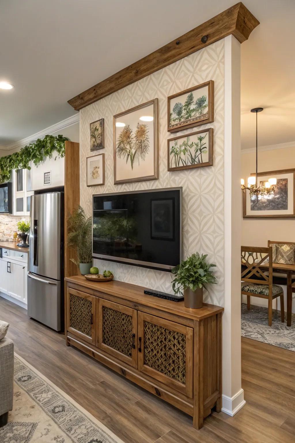 A TV in the kitchen that doubles as art, maintaining a seamless decor.