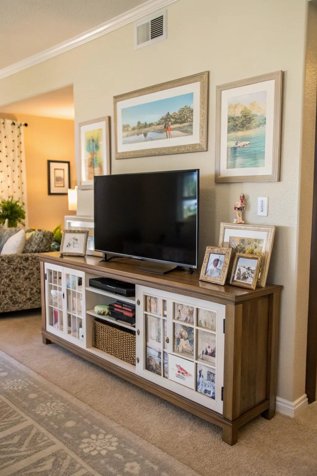 Personal artwork and photos add character to the TV space.