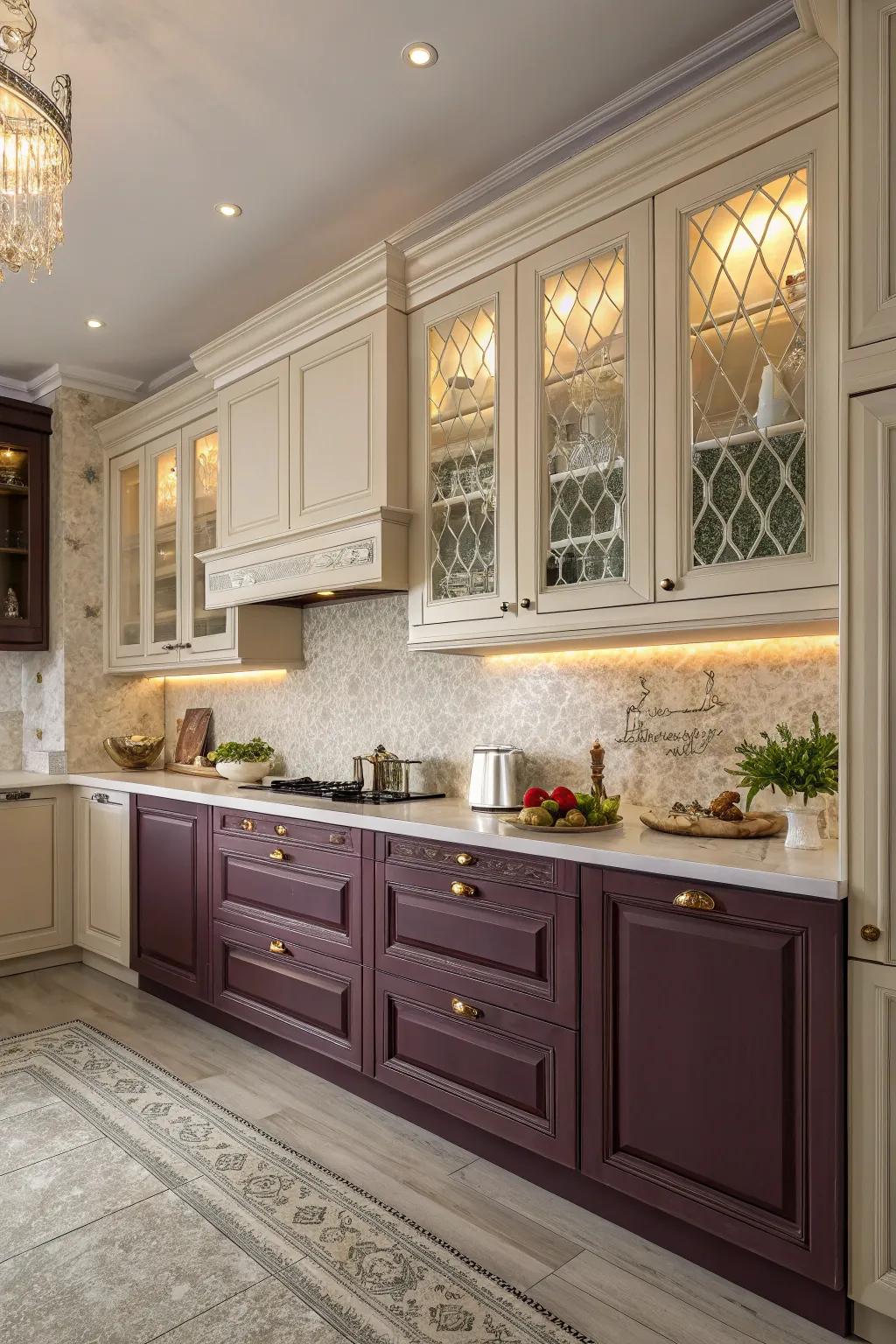 Sophisticated plum and cream cabinets for an elegant kitchen.