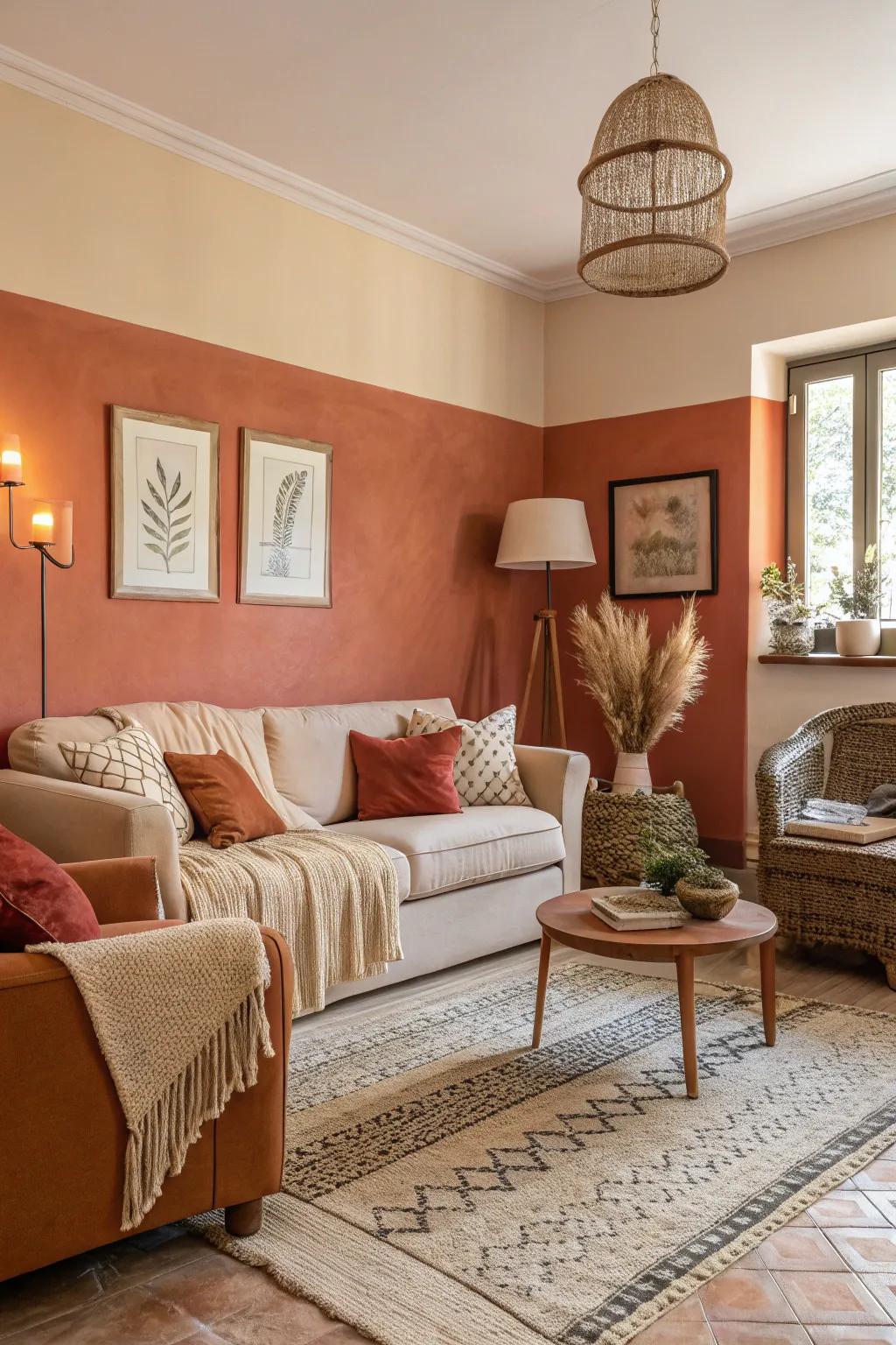 Earthy terracotta and beige walls for a warm living room.