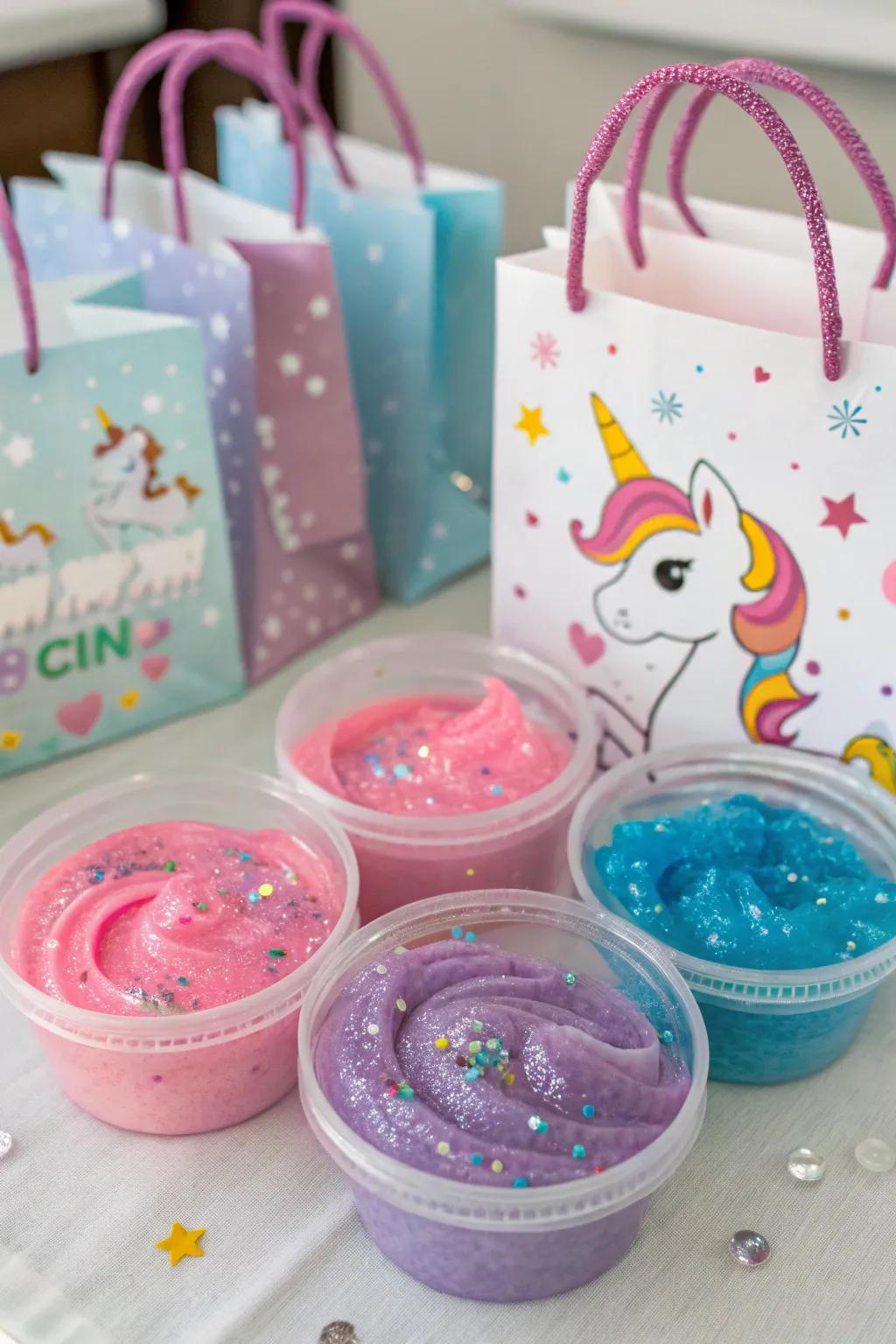 Slime-filled unicorn favor bags for playful fun.