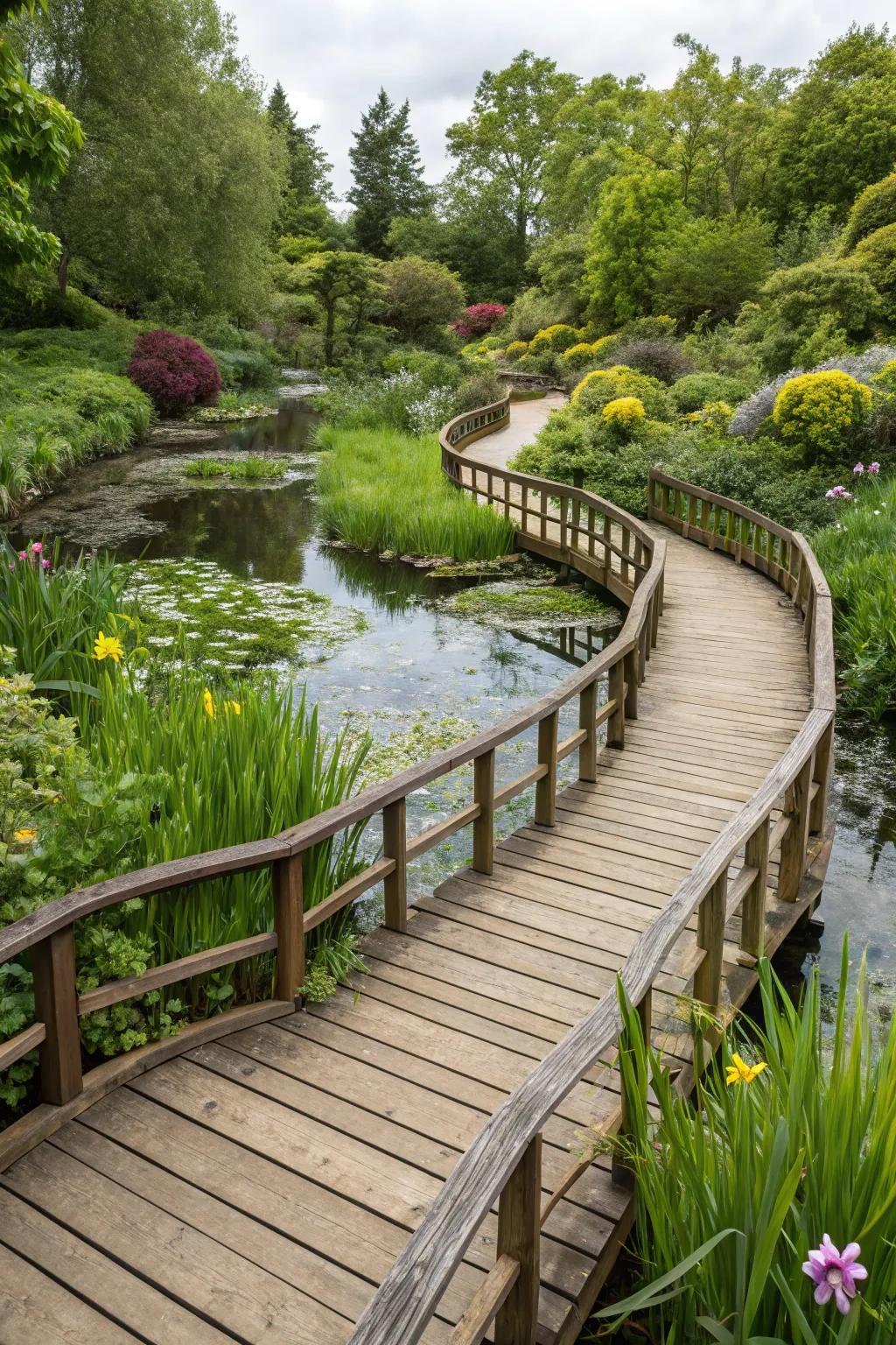 Boardwalk paths offer a unique way to traverse damp or uneven garden areas.