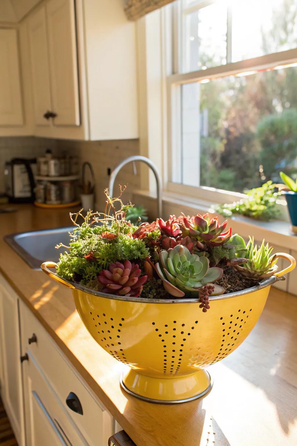 A metal colander becomes a whimsical succulent planter, perfect for kitchens.