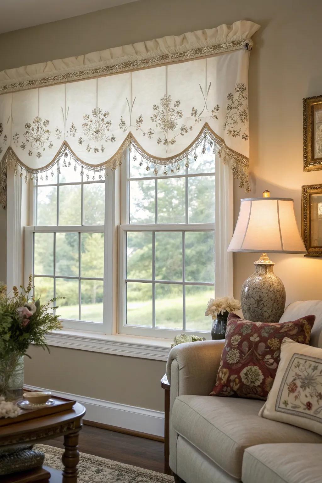 A window with an embroidered applique valance in an artistic living room.