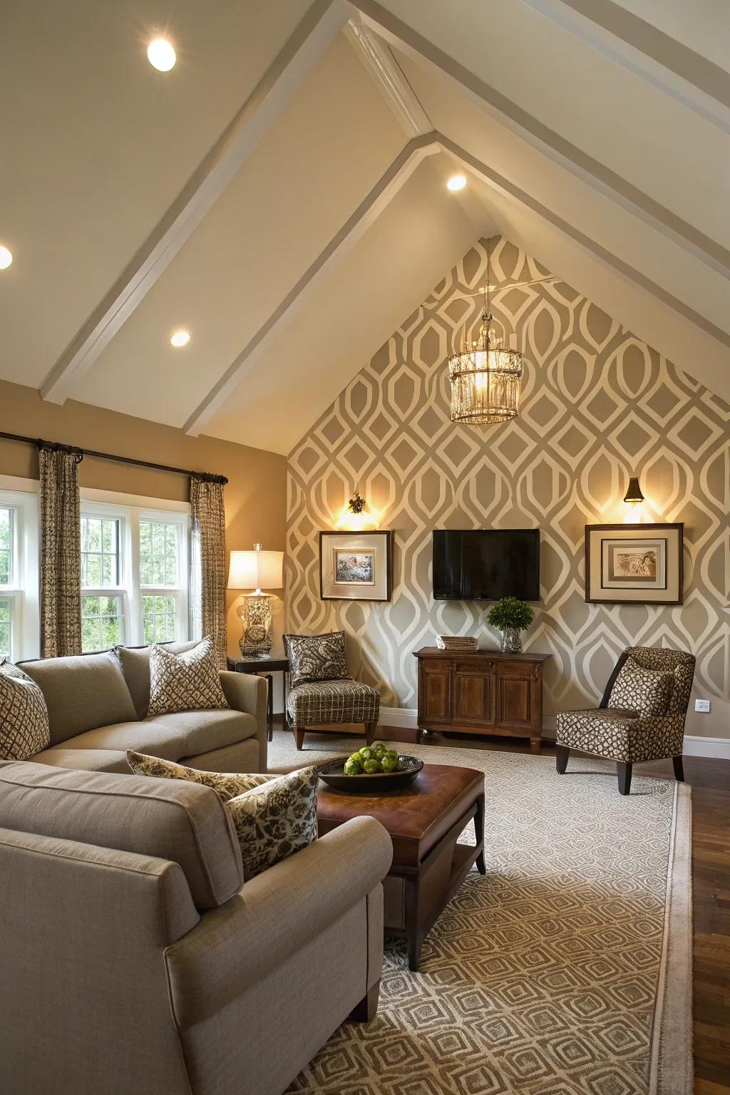 Living room with vaulted ceiling and geometric design accent wall