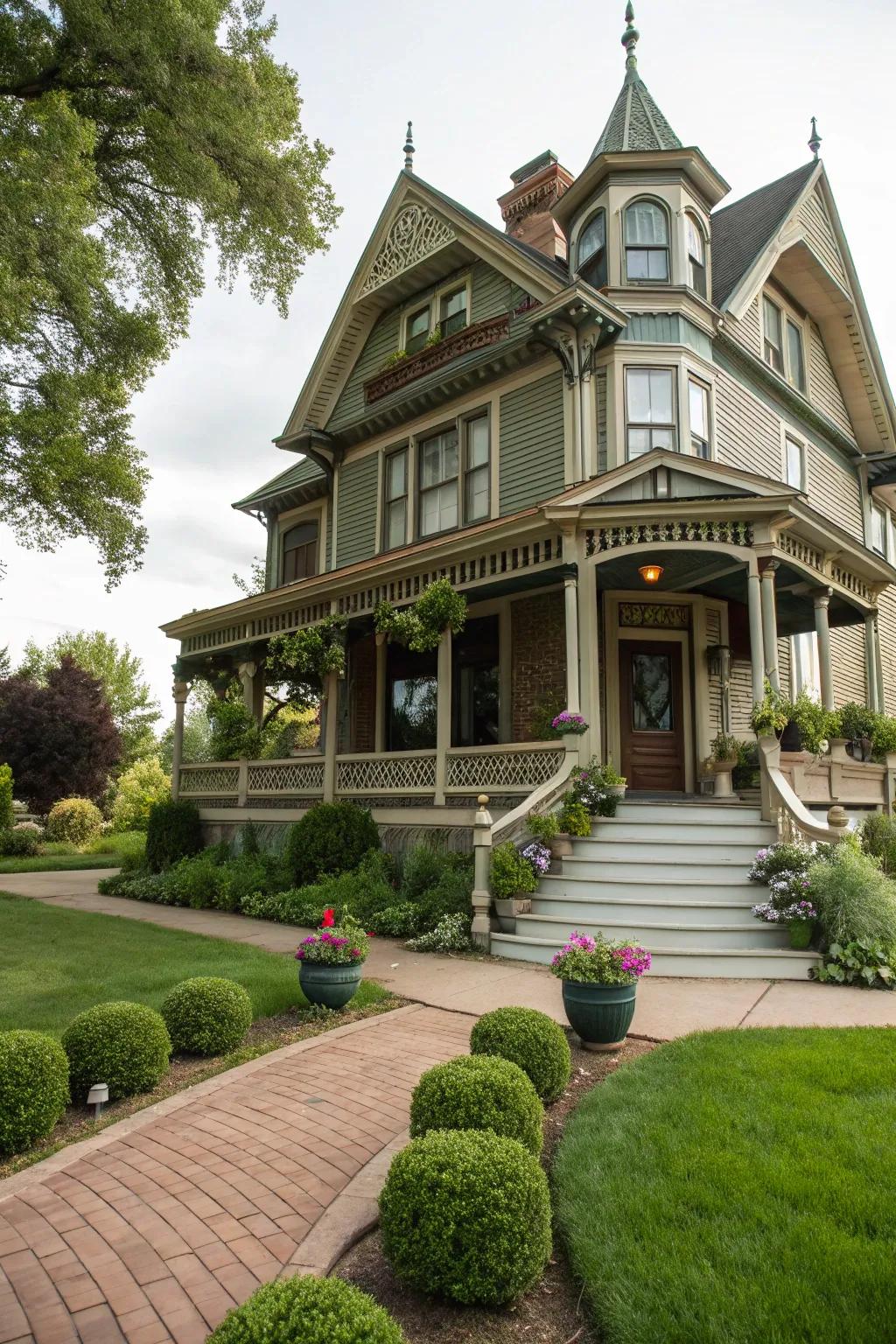 Symmetrical plants add a touch of nature to this Victorian entrance.