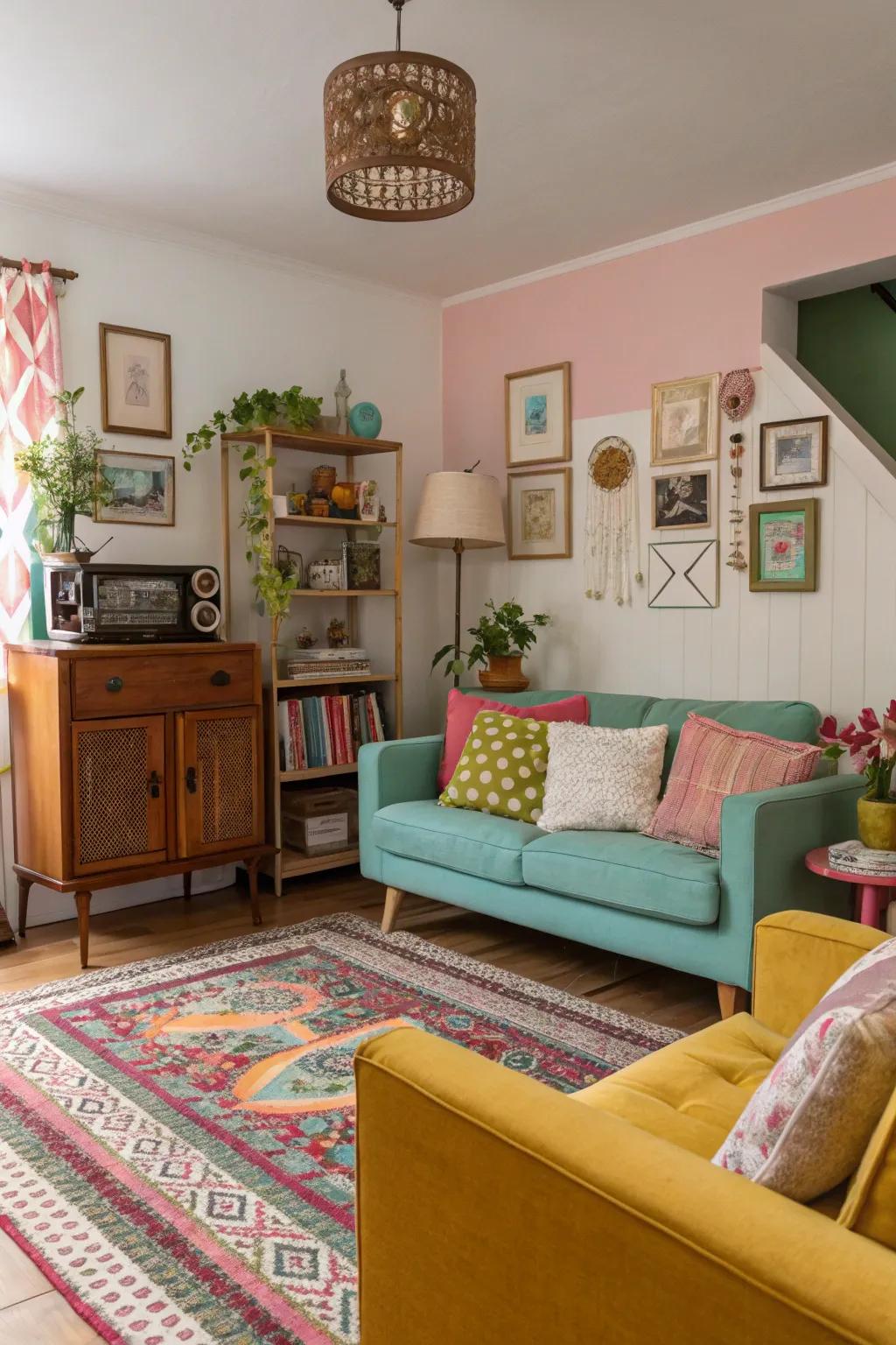 A living room featuring an eclectic color scheme with vintage decor.