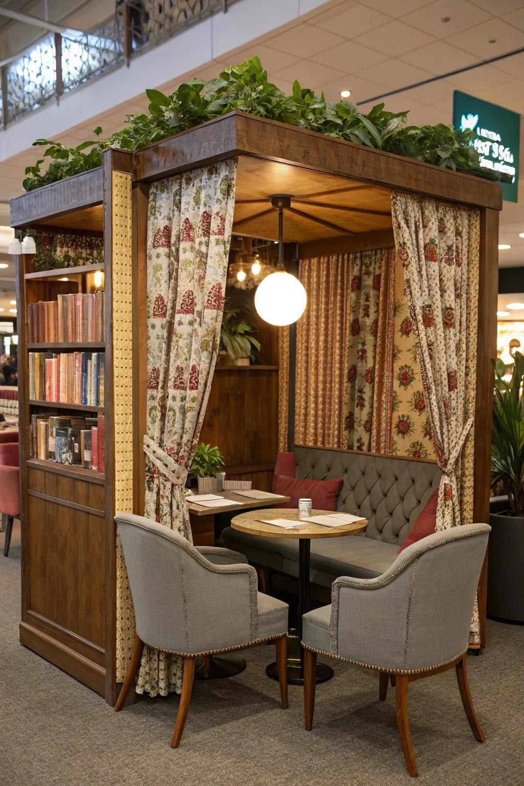 A seating area invites booth visitors to relax and stay longer.