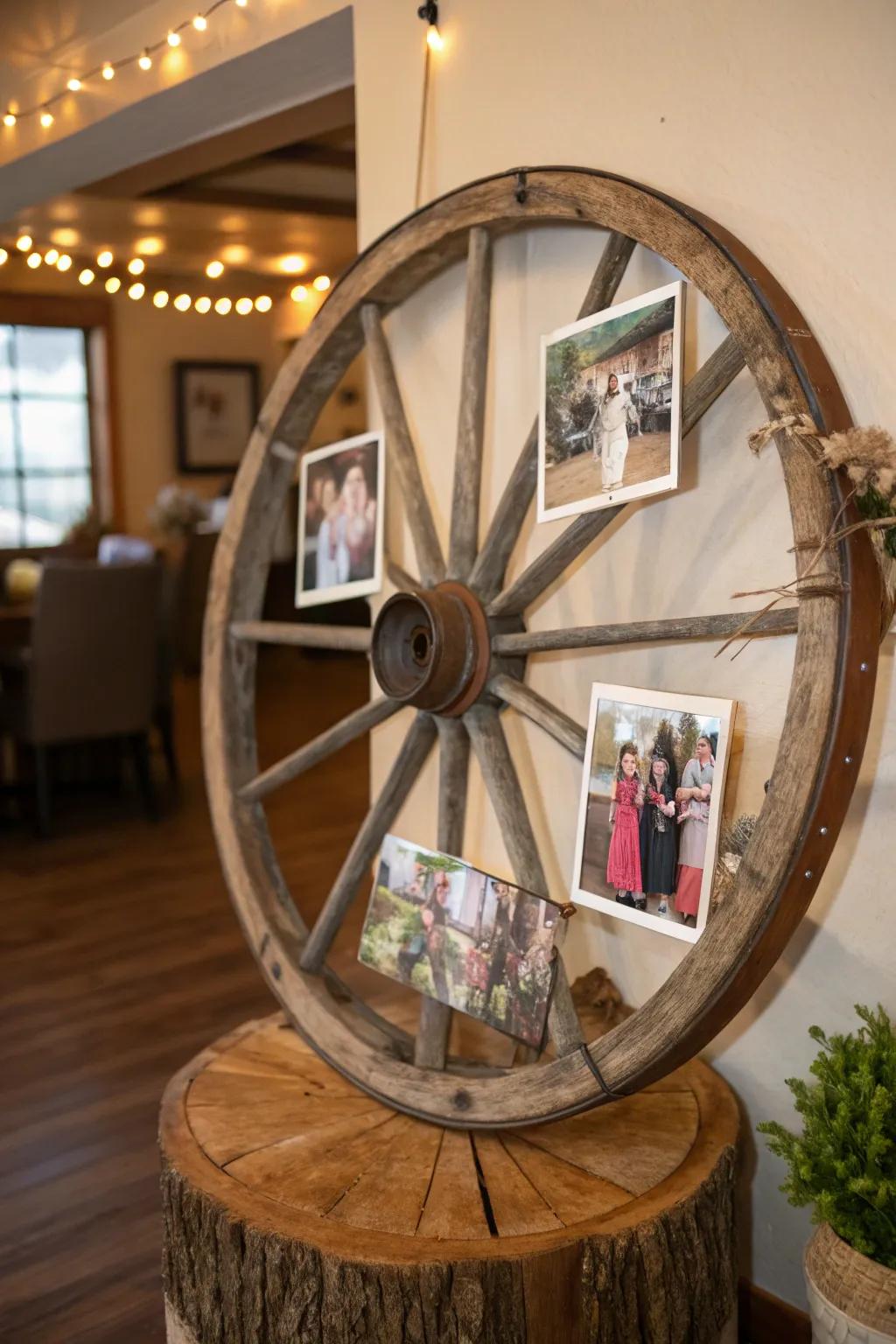 A wagon wheel becomes a charming frame for cherished memories.