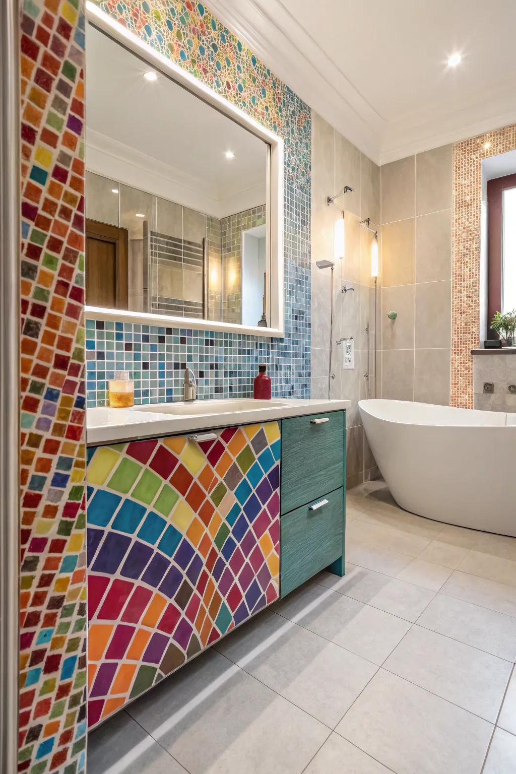 Mosaic tiles turn wainscoting into a masterpiece of color and creativity.