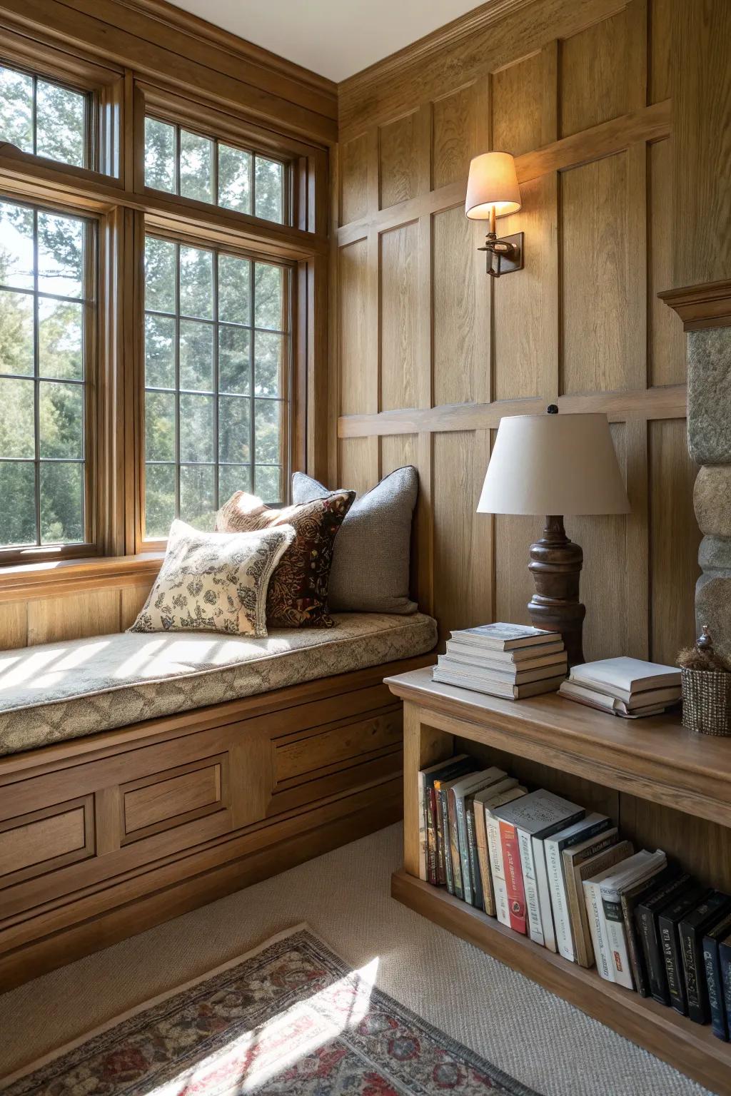 A cozy reading nook featuring rustic natural wood wainscoting.