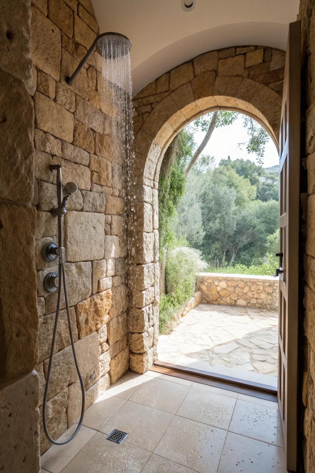 Shower with arched stone doorway and natural lighting.