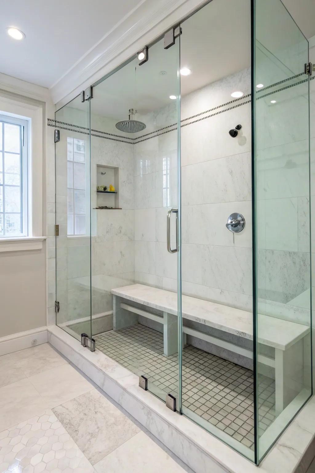 A minimalist glass bench amplifies space and light in the shower.