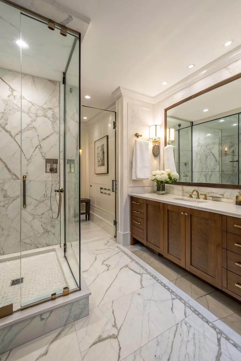 Marble tiles create a luxurious and elegant shower space.