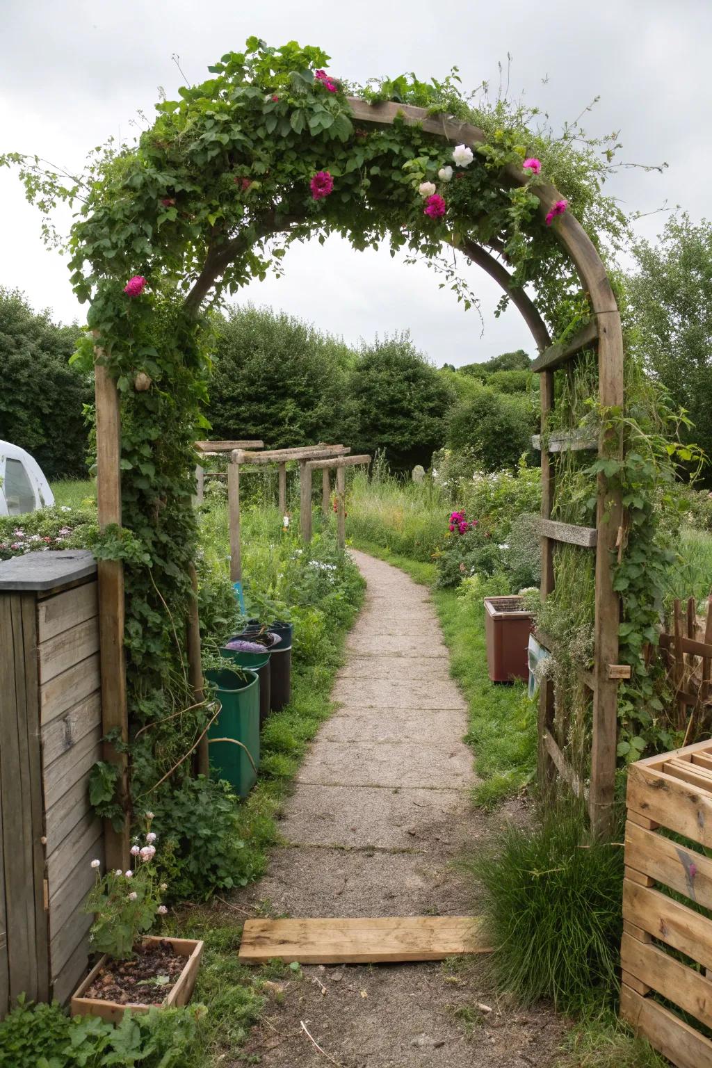 Eco-friendly arches demonstrate creativity and sustainability in garden design.