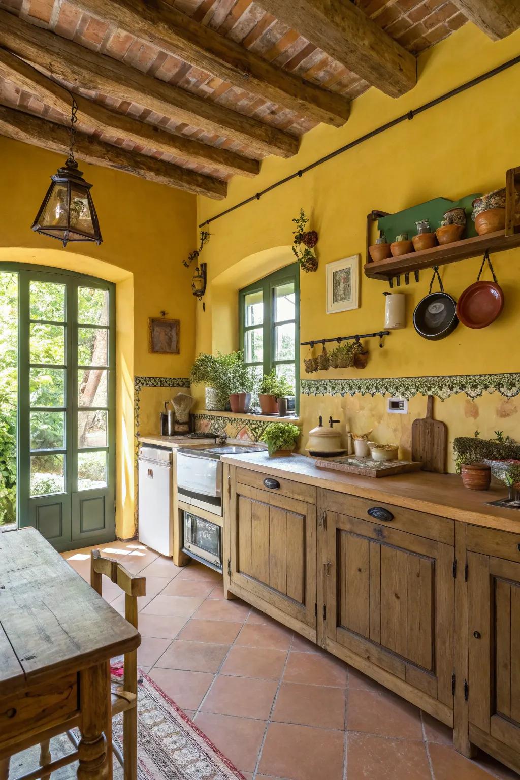 Cheerful and vibrant with yellow walls and olive trim.