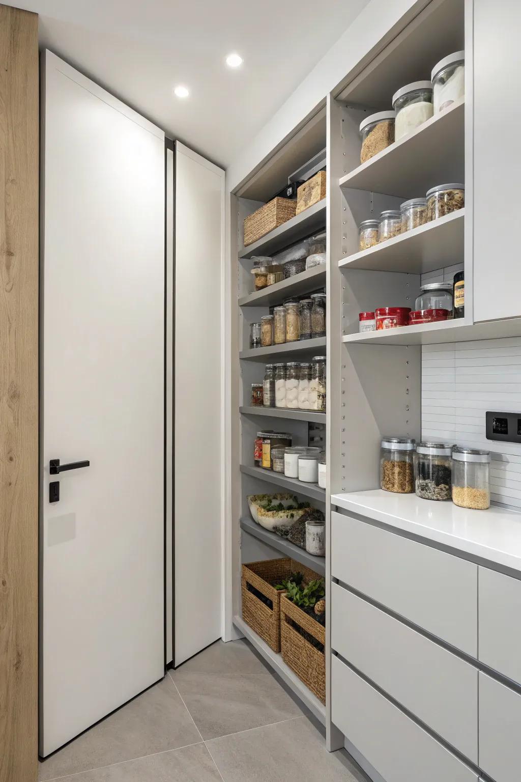 Sleek minimalist pantry design for a calming kitchen effect.