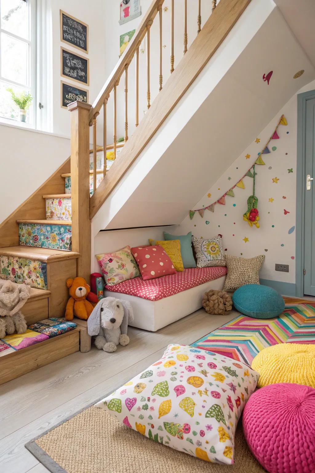 A kids' play area under the stairs is a fun use of space.