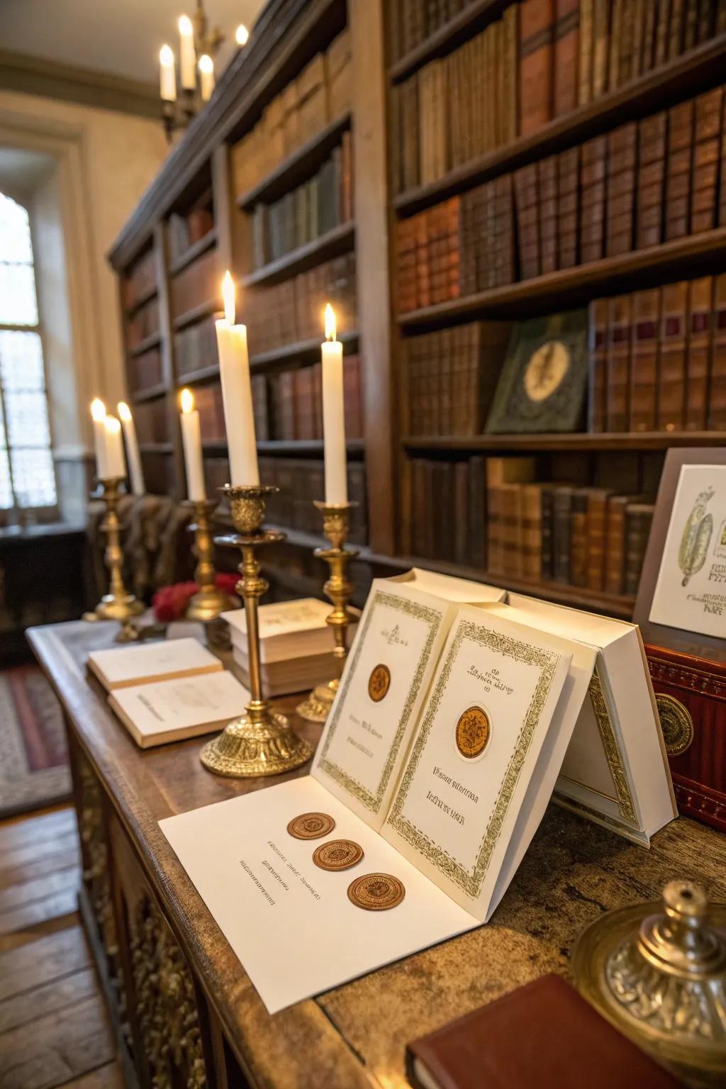 Books adorned with wax seal book plates, offering a personalized and elegant touch.