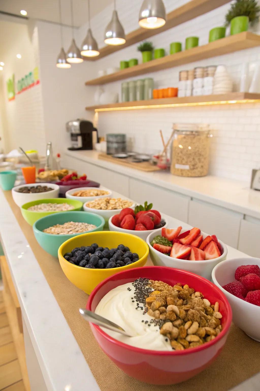 A playful interactive station where guests can create their own breakfast parfaits.