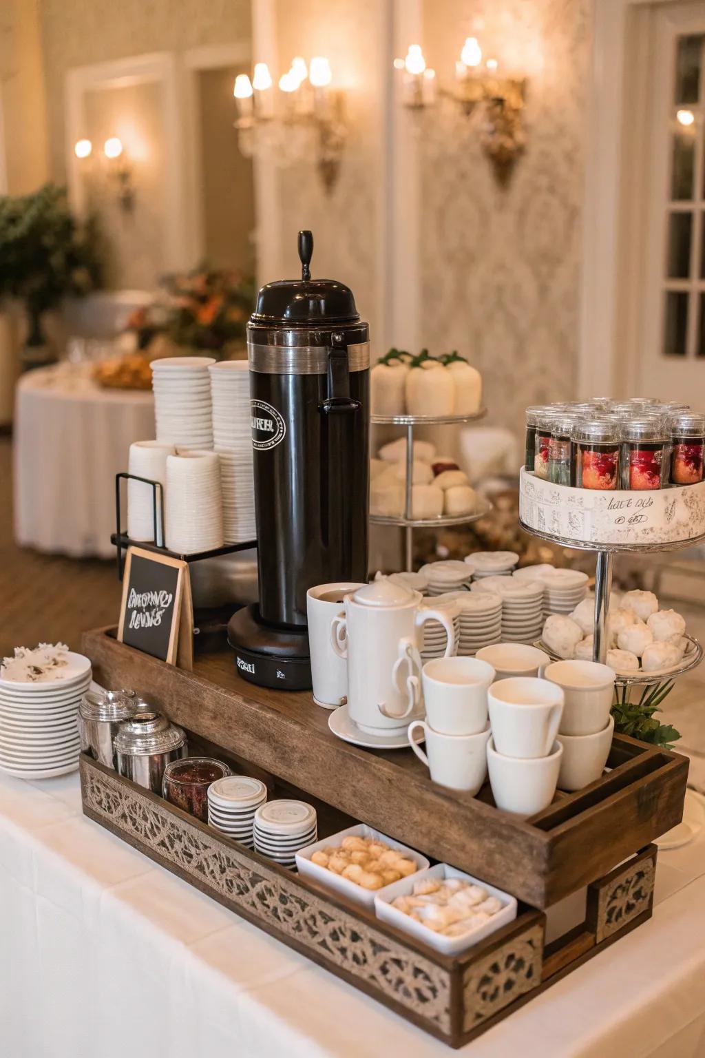 A self-serve coffee station at a wedding.