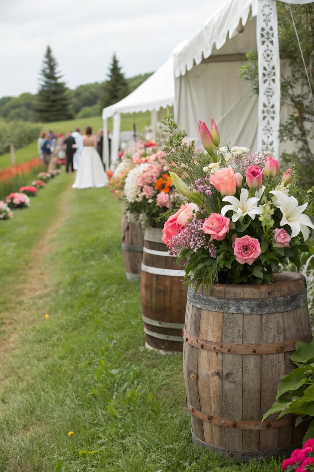 Rustic planters filled with floral arrangements, adding charm and warmth to a countryside wedding setting.