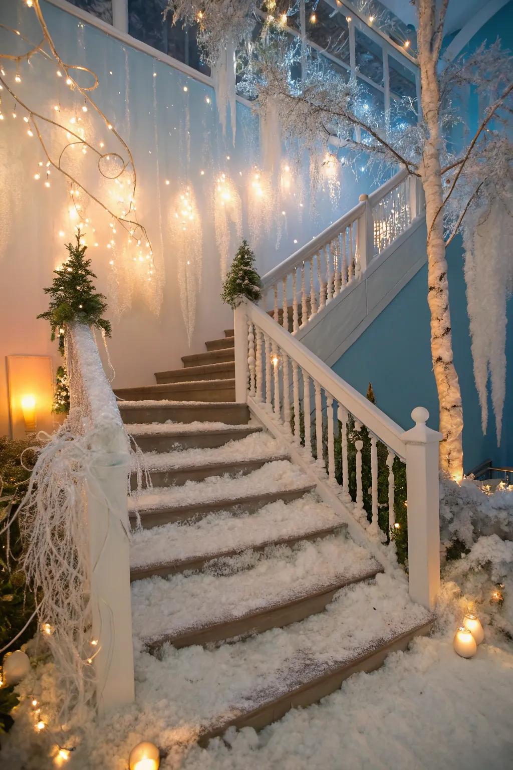 A winter wonderland theme brings a magical, seasonal touch to this staircase.