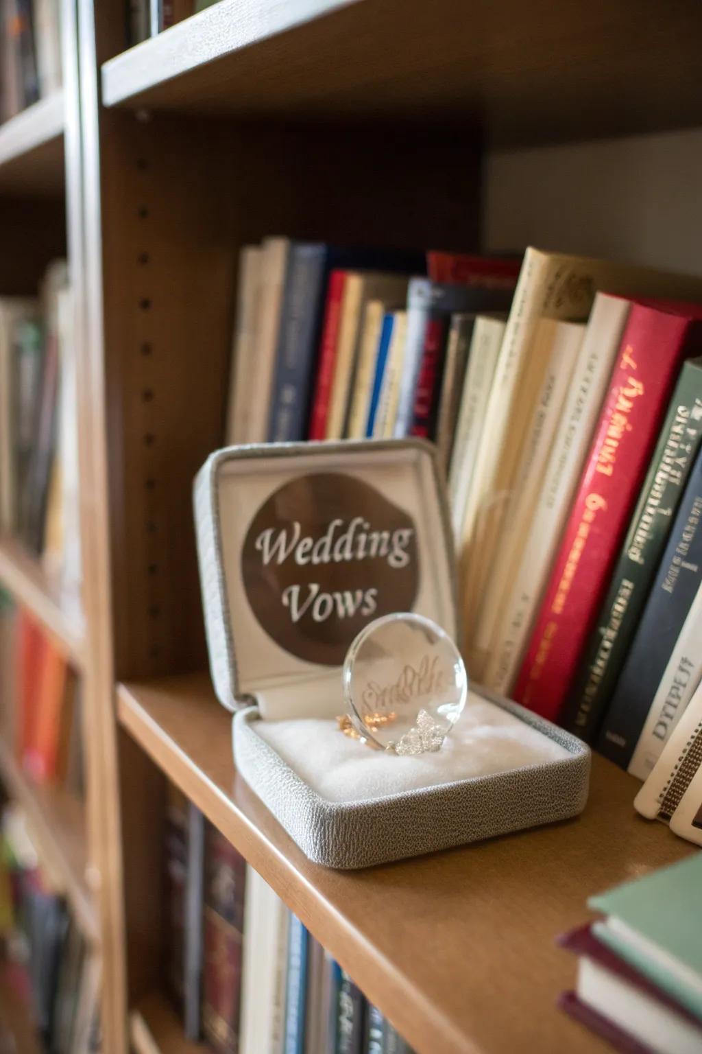 Timeless engraved glass vows as a bookshelf centerpiece.