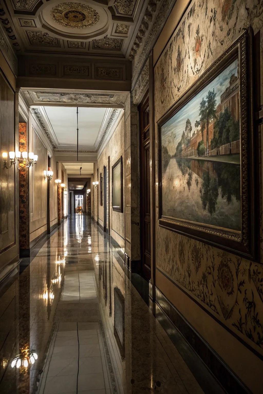 A painting of distorted reflections adding intrigue to an elegant hallway.