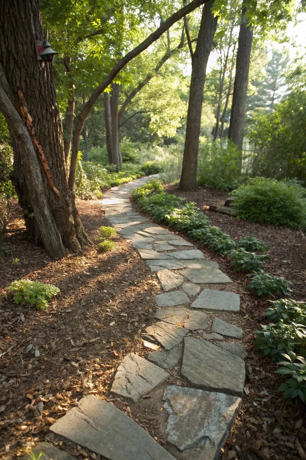 Bark chippings provide a rustic texture between flagstones.