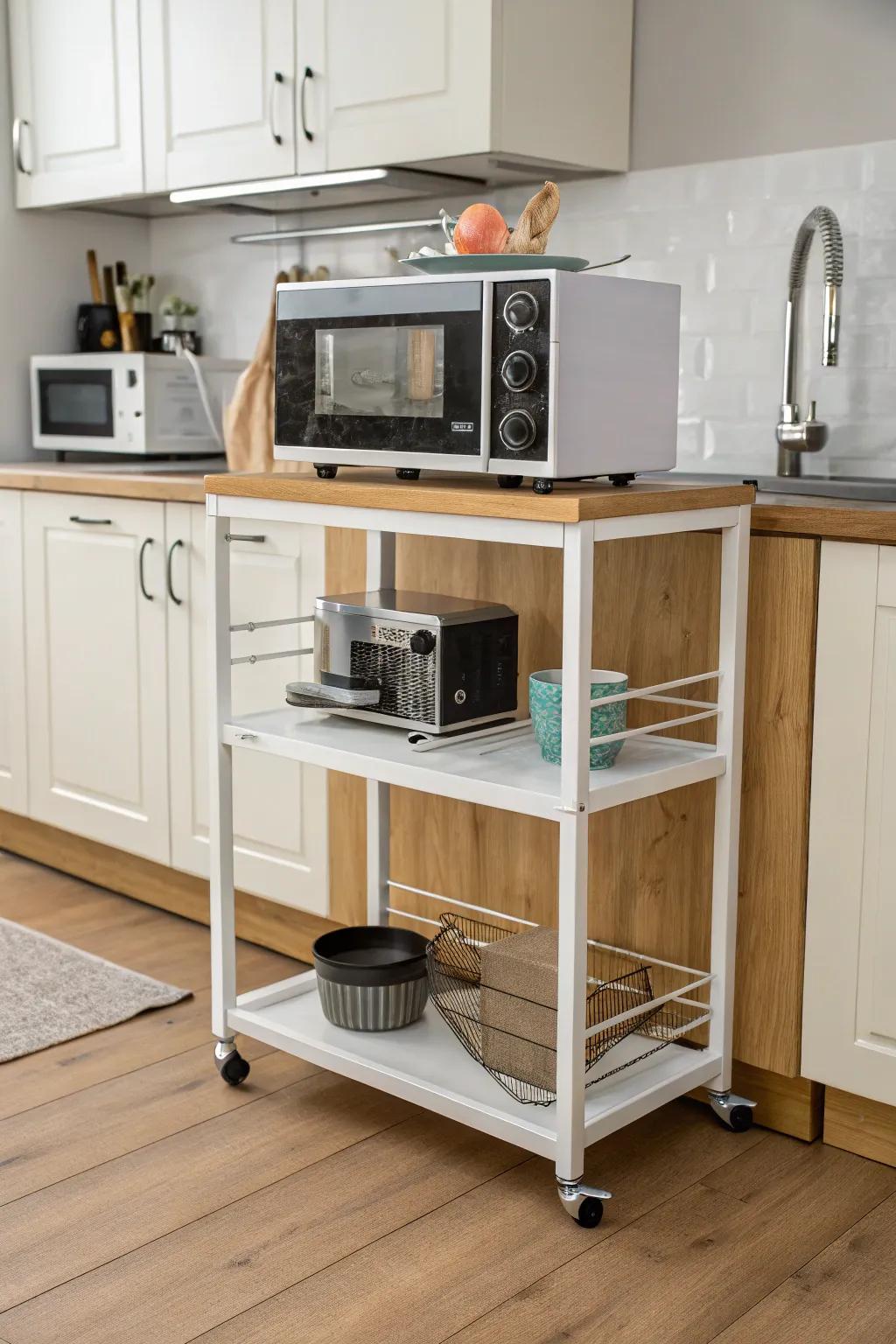 A stylish cart provides mobility and extra storage for your microwave.