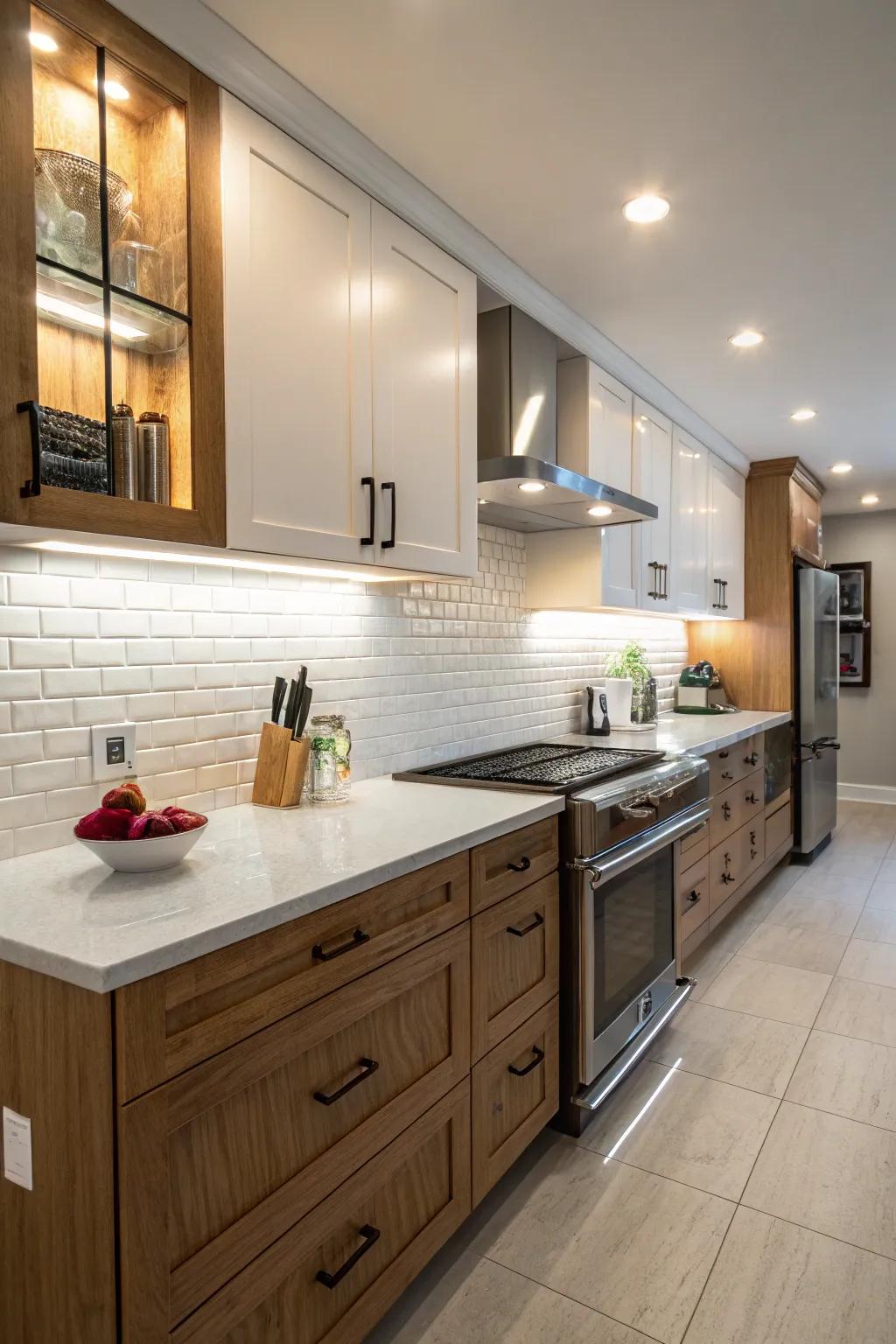 Bright lighting enhancing the white backsplash.