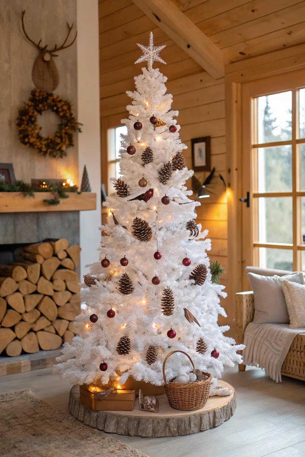 Nature-inspired tree with pinecones and bird decorations.