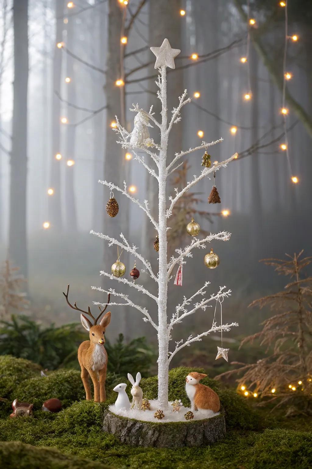 A whimsical woodland-themed white pencil tree with animal ornaments.