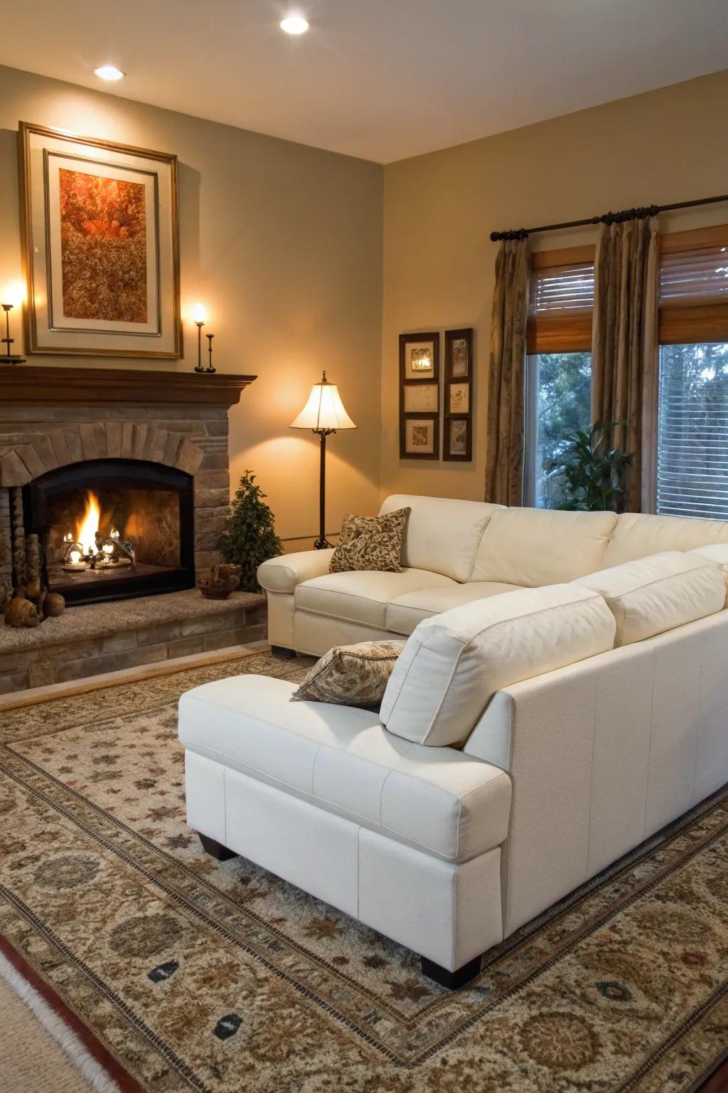 A cozy fireplace enhances the warmth of a living room with a white sectional.