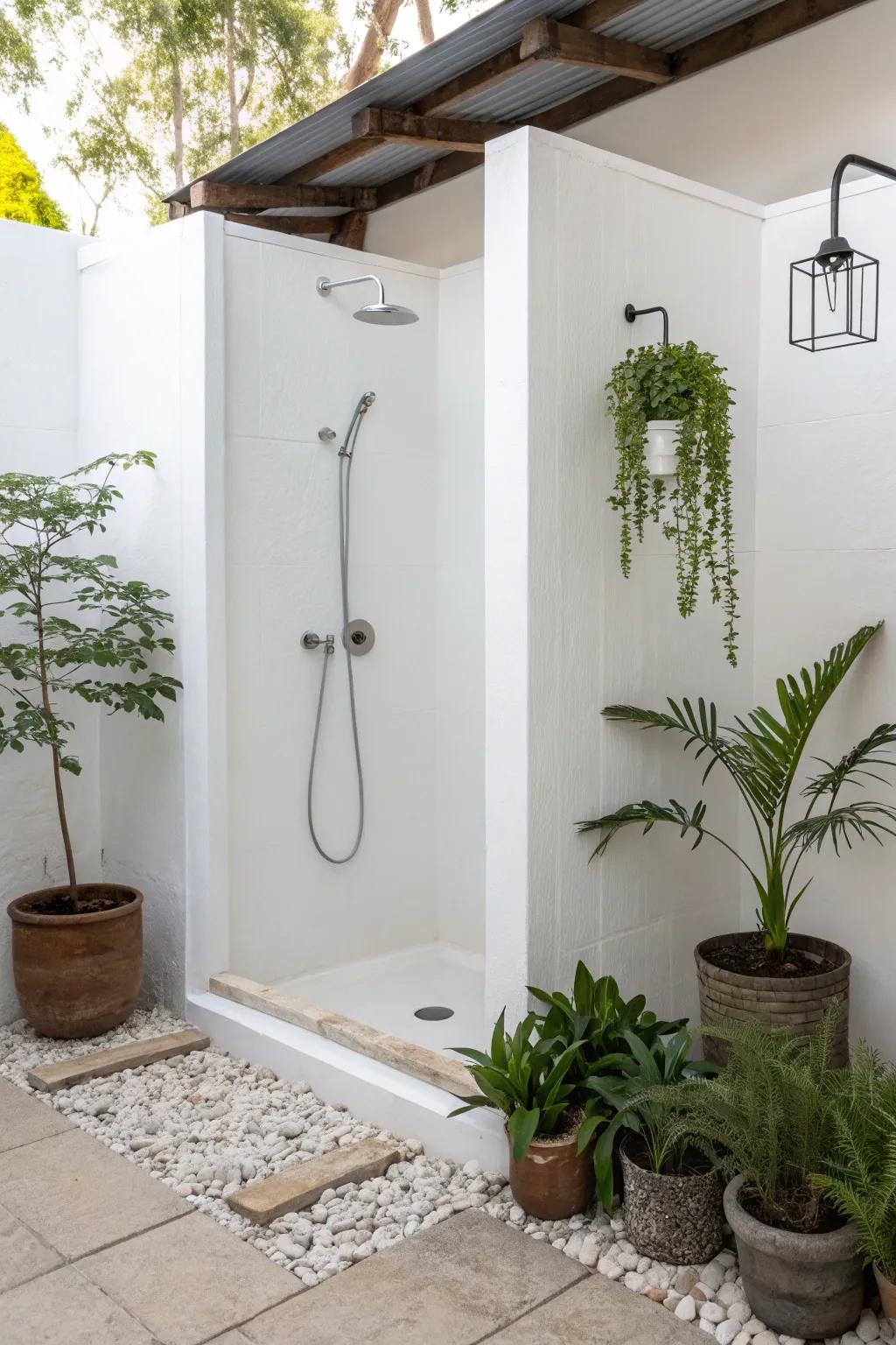 Minimalist decor and small plants in a white shower.