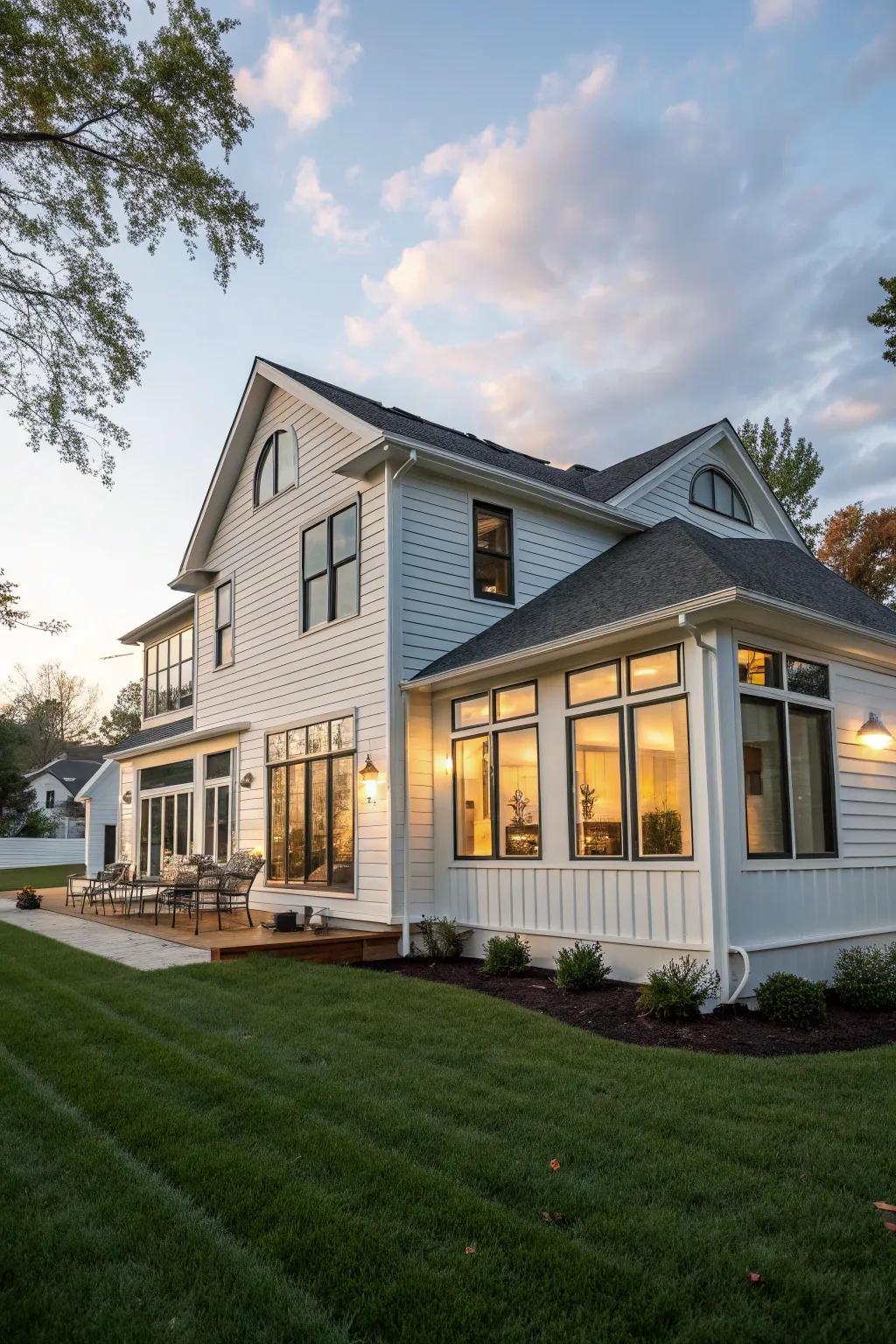 A house with expansive windows and white vinyl siding for a light and airy feel.