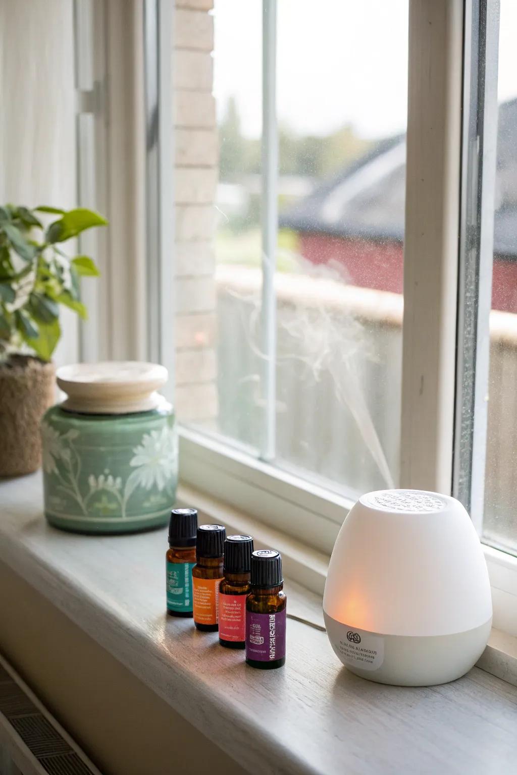 An aromatherapy setup with essential oils on a window sill.