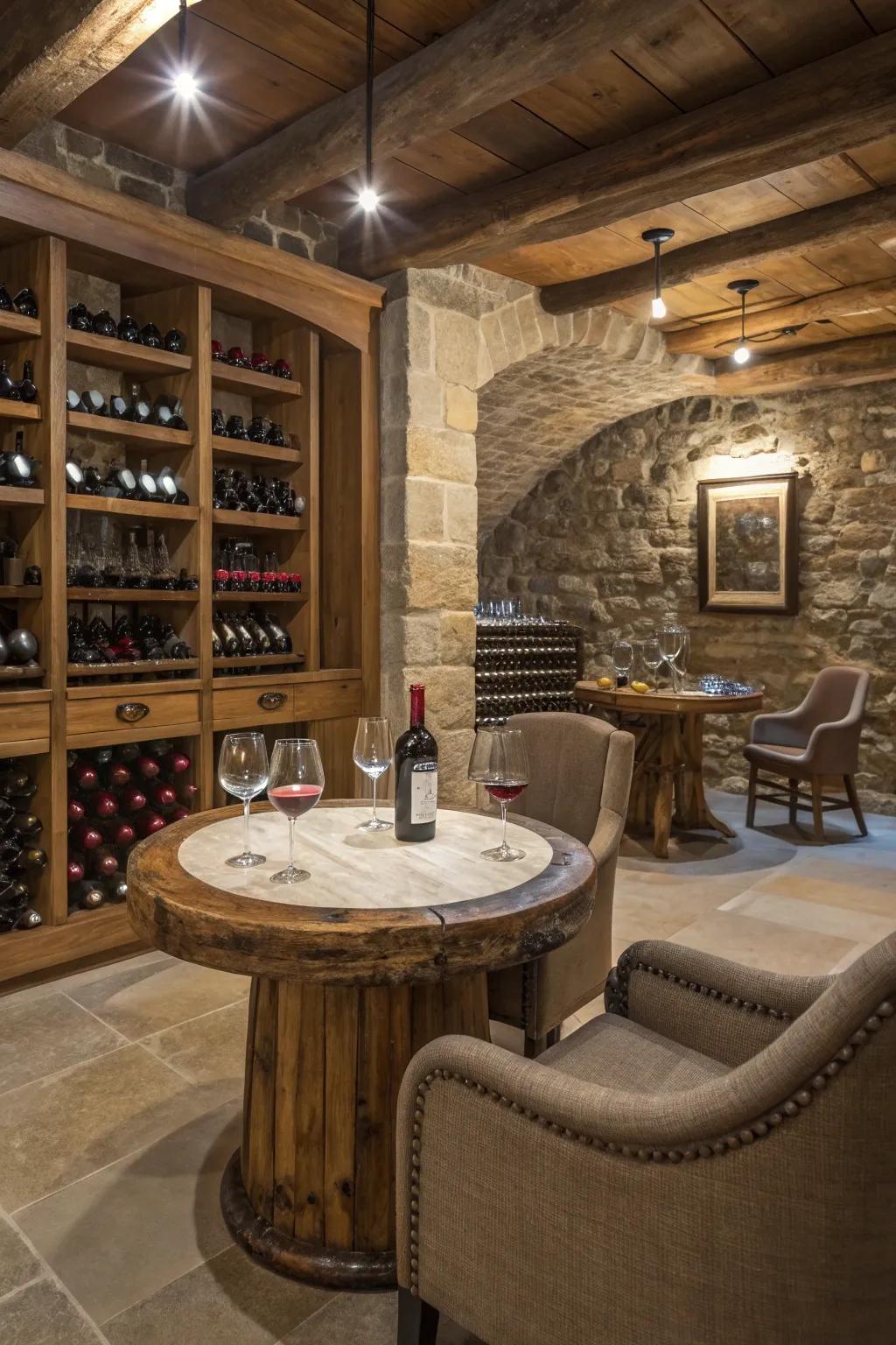 Wine cellar with a cozy tasting table setup.